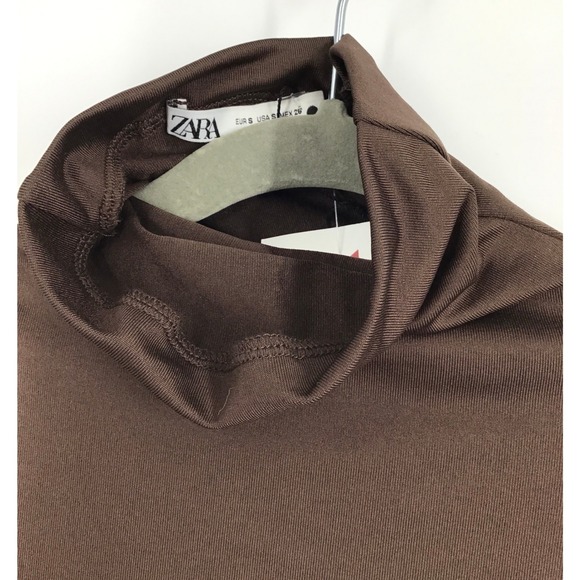 Zara Brown Mock Neck Long Sleeve Stretch Top with Paris Zara France Print Size 4 - Picture 2 of 8